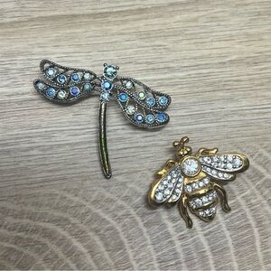 Crystal Dragonfly and Bee Brooch Set
